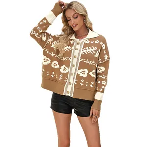 Women's vintage floral knit cardigan sweater with buttons and collar for autumn