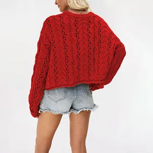 Casual women's red cable-knit pullover sweater in a cropped fit shown from back view