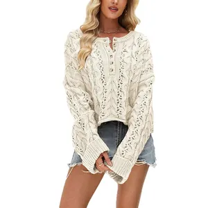 Women's stylish cream cable-knit pullover sweater with elegant button-neck detail
