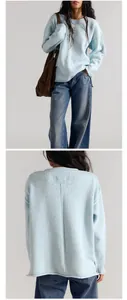 Front and back detailed view of a light blue loose-fit crewneck knitted sweater for women