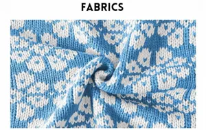 Close-up of blue and white jacquard knitted fabric texture of the sweater