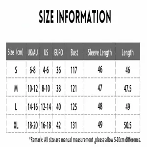 Detailed size chart for the loose crew neck knitted sweater, covering sizes S to XL.