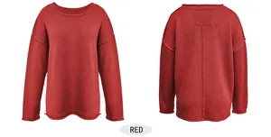 Front and back view of a red oversized crew neck knitted sweater with drop shoulders.