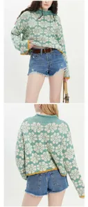 Front and back detail views of a loose mint green floral jacquard knitted sweater