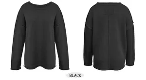 Front and back view of a women's oversized black crewneck knitted sweater.