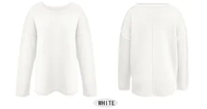Front and back views of a minimalist white loose-fit round neck basic knit pullover sweater