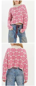 Women's loose-fit knit sweater with pink floral jacquard pattern, front and back views.
