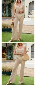 Élégant ensemble d'été beige en maille crochet sans manches avec pantalon large de plage