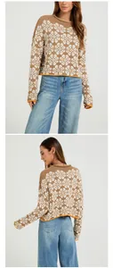 Professional studio detail showing front and back of brown floral jacquard knit sweater