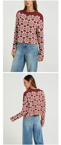 Front and back view of a burgundy floral jacquard knit sweater with yellow trim.