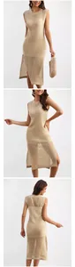 Detailed multi-angle view of beige hollow-out knit sleeveless midi dress with side slits