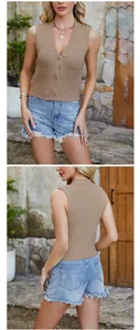 Fashionable brown coarse knit sleeveless vest top shown in front and back detail views