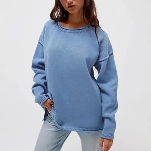 Stylish women's oversized blue crewneck knit sweater for cozy autumn and winter outfits