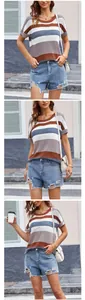 Vertikale Collage eines lockeren gestreiften Strick-Kurzarmshirts für Damen im Freien.