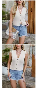 Street style coarse knit sleeveless vest with V-neck and button closure details