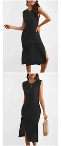 Detail of women's black hollow-out knitted sleeveless dress with side slits