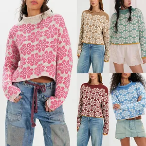 Women Casual Loose Floral Jacquard Knit Sweater Mock Round Neck Long Sleeve Thick Acrylic Pullover Top For Autumn Winter