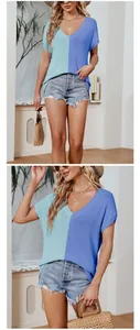 Loose-fit two-tone V-neck short sleeve knit top in blue shades for casual summer wear