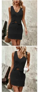 Detail view showing the black crochet texture and V-neck design of this knit set.