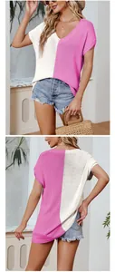 Front and back detail of a loose color-block V-neck short-sleeved knit top.