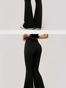 Detailaufnahmen von schwarzen High-Waist-Yogahosen mit schmaler Passform und Schlaghose.