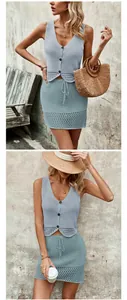 Macro detail of light blue crochet knit V-neck vest and matching mini skirt set.