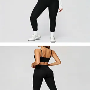 Details des schwarzen nahtlosen Yoga-Sets mit Rückenriemen und High-Waist-Leggings.