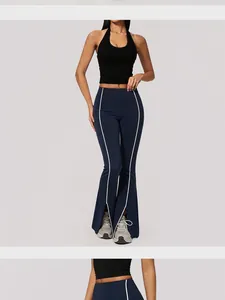 Vorderansicht der dunkelblauen Schlag-Yoga-Leggings mit hohen Taillen und weißen Paspeln