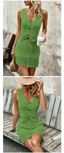 Close-up detail shots showing texture and fit of women green crochet knit two-piece set