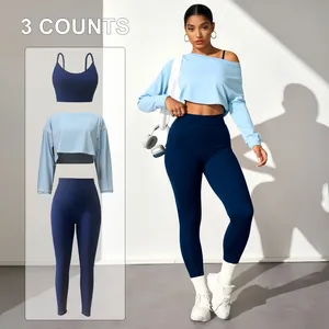 Ensemble de Yoga 3 Pièces Sans Couture pour Femmes Tenues d'Entraînement Soutien-Gorge de Sport Leggings Taille Haute Top Court