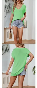 Detailed front and back views of a bright lime green loose V-neck knit top for women
