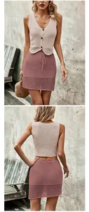 Front and back views of a stylish V-neck crochet vest and pink knit mini skirt set