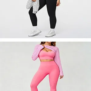 Detail des 3-teiligen nahtlosen Yoga-Sets mit rosa Leggings, Sport-BH und Bolero