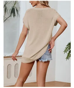 Back view of a loose knit short sleeve top for women in casual beige khaki color