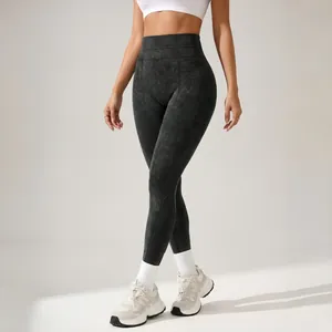 Nahtlose High-Waist-Yoga-Leggings mit Acid-Wash-Effekt für Fitness in Anthrazit-Grau