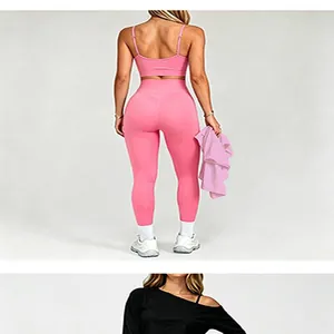 Rückenansicht des rosa nahtlosen Yoga-Sets mit Sport-BH und High-Waist-Leggings