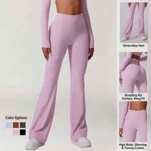 High-waisted light purple flared yoga pants with peach lift effect for fitness and gym.