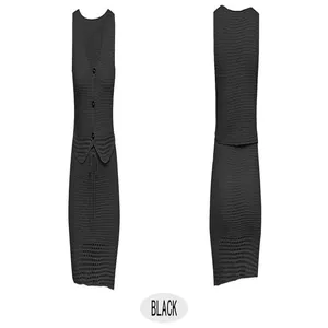 Black knitted two-piece set featuring V-neck vest and skirt, front and back views