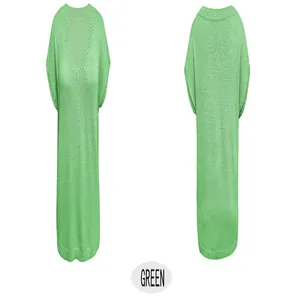 Front and back view of minimalist loose green V-neck knit top for women shown on white background