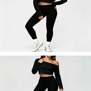 Detail des schwarzen nahtlosen Yoga-Sets für Damen mit schulterfreiem Oberteil