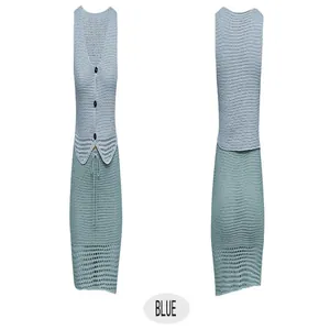 Front and back details of this stylish blue women's knitted two-piece vest and midi skirt set