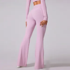 High-waisted pink flared yoga pants for women, brushed shaping fitness leggings sportswear
