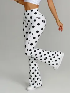 Modische ausgestellte Yoga-Hose mit hoher Taille und schwarzem Punktmuster auf Weiß