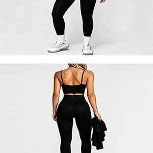 Rückansicht eines schwarzen nahtlosen Yoga-Sets mit Sport-BH und hoher Taille Leggings