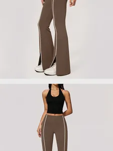Detailansicht der braunen Yoga-Schlaghose mit weißen Streifen und schwarzem Neckholder-Top.