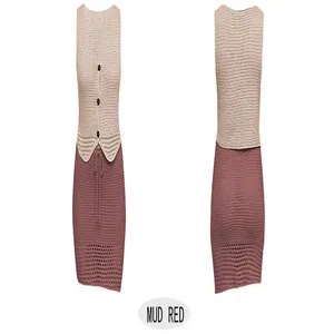 Sleeveless V-neck knit top and matching drawstring skirt two-piece set in mud red color