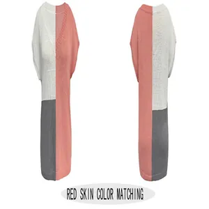 Loose V-neck color-blocked knitted top in white pink and gray front and back views