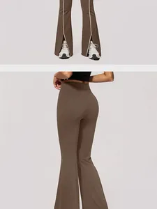 Detailansicht der ausgestellten Yoga-Hose mit hohem Bund und stilvollen vorderen Schlitzen
