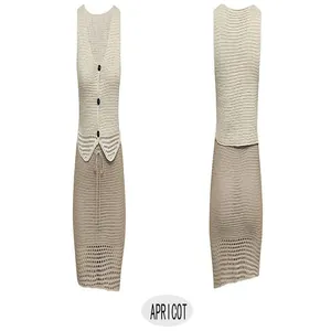 Front and back detailed view of women's apricot V-neck sleeveless knit set with skirt