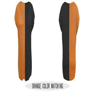 Front and back view of loose V-neck color-blocked knitwear in orange and black